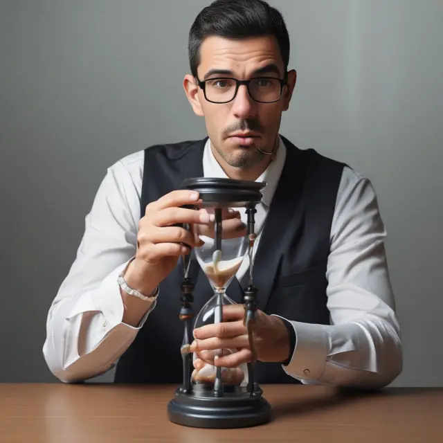 Furloughed federal employee holding a cracked hourglass, representing the uncertainty of income during a government shutdown.