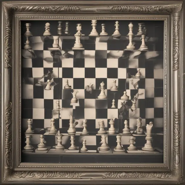 An intricate chessboard depicts historical government shutdowns and their impacts on the economy, with political figures shuffling pieces to symbolize power struggles