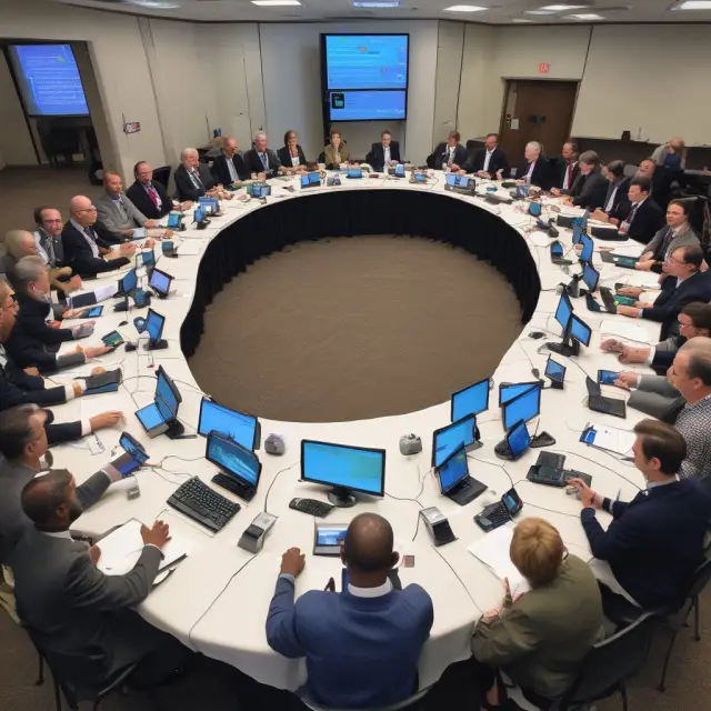 Federal agencies collaborating around a table laden with technology solutions, symbolizing the benefits of GWAC: cost savings, increased efficiency, improved vendor relationships