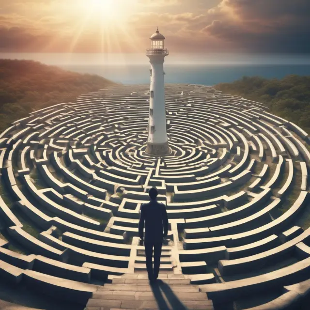 A government employee maneuvers through a labyrinth of procurement procedures, with a beacon of light representing GWAC providing guidance.