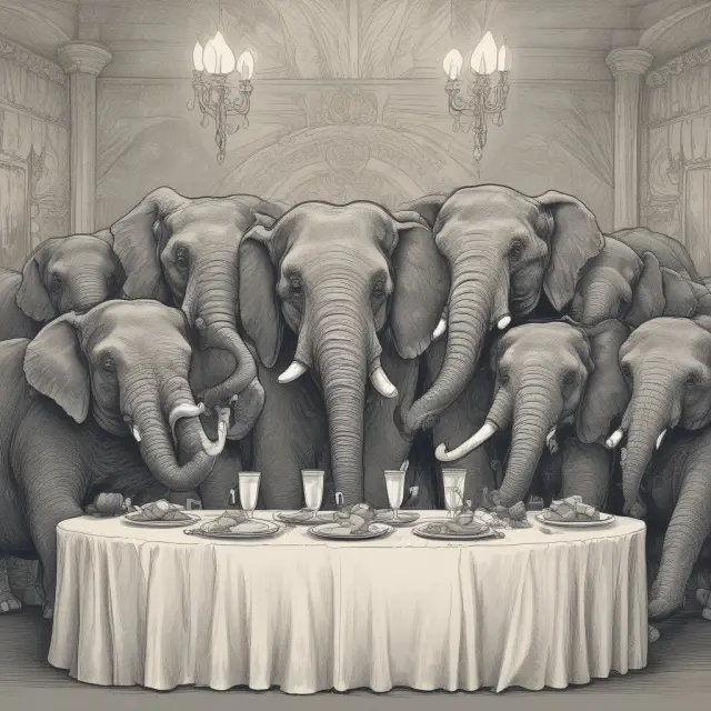 Elephants representing federal agencies celebrate around a table filled with cost savings, illustrating successful GWAC usage
