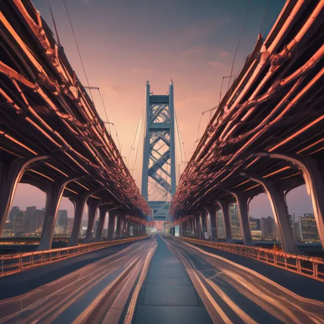 Bridge connecting industries with government, adorned with innovative solutions, representing collaboration in government procurement.