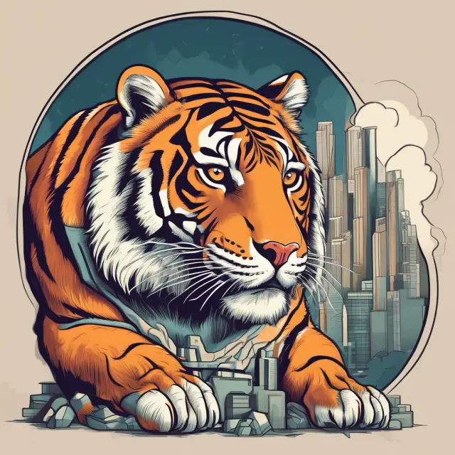 A powerful, anthropomorphic tiger representing the US Government claws its way into building infrastructure projects, driving economic growth and stimulating overall GDP.
