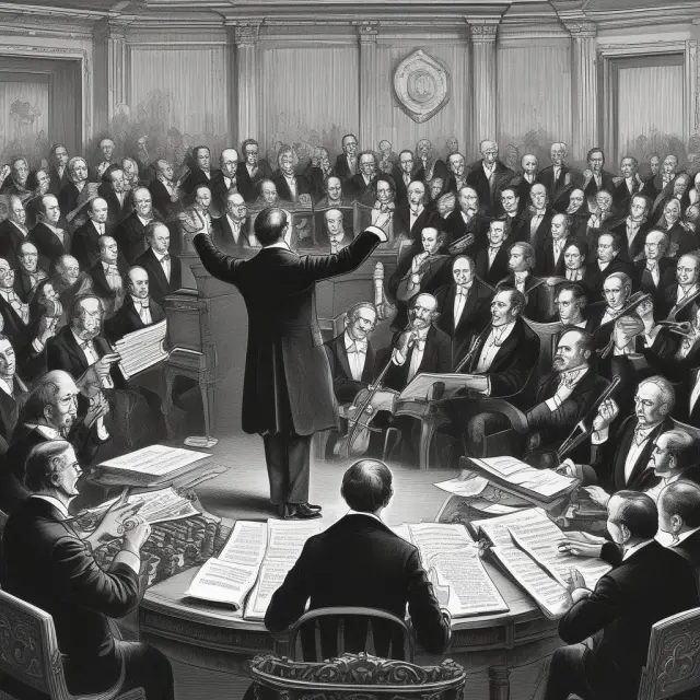 Image of a conductor leading an economic orchestra, symbolizing government purchases