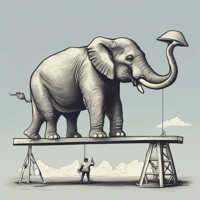 A large government elephant stands between two scales, one labeled 