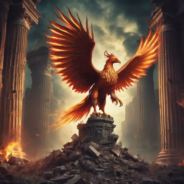 Phoenix rising from ashes, symbolizing government intervention during economic downturns with purchases