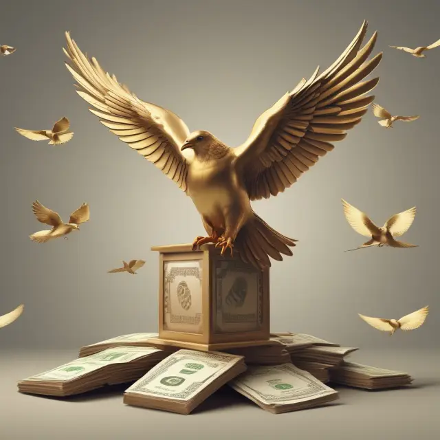 A golden dove alights on a table filled with various government bonds, representing the safe and stable nature of these investments