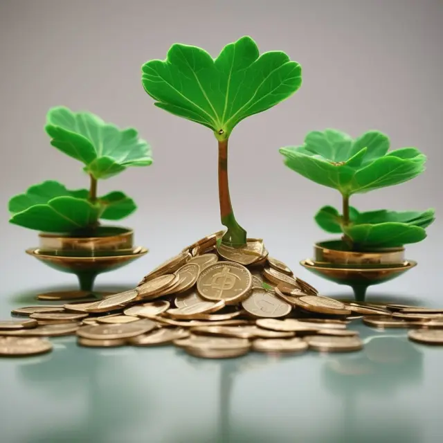 Comparison between two economic progress metrics: Gross Domestic Product (GDP) symbolized by gold coins and the Genuine Progress Indicator (GPI) represented by green leaves