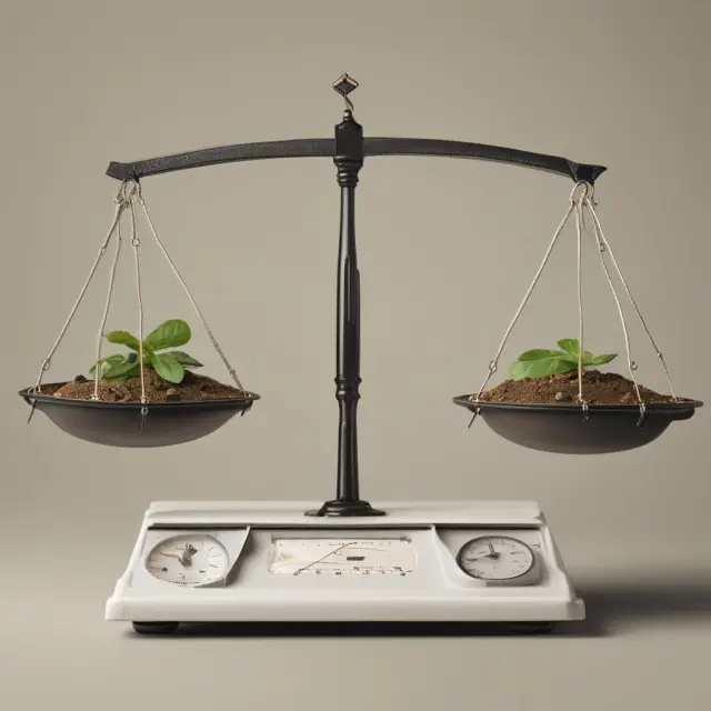 Visualizing economic progress through a balanced scale with social, economic, and environmental indicator weights.