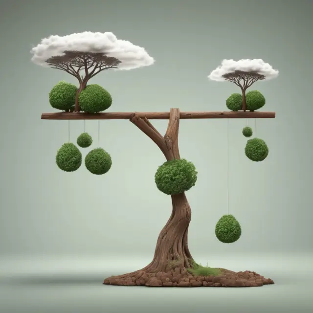 A seesaw with three pans labeled Social, Economic, and Environmental balances the indicators