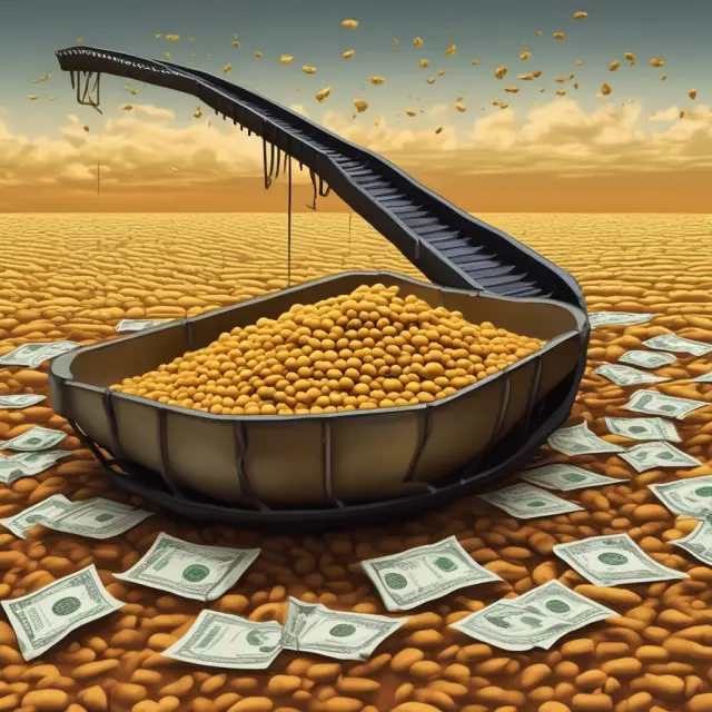 Golden soybeans becoming oil and meal on a conveyor belt amid currency symbols and futures contracts, symbolizing the significance of crush spreads in managing risks within the soybean industry