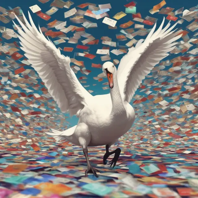 A graceful swan swimming amidst a vast, shimmering sea of credit cards. Each card features an interchanging due date deadline.