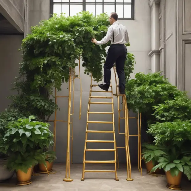 Employee climbs a ladder, gradual steps symbolize vesting schedule, chest filled with mature plants represents retirement savings