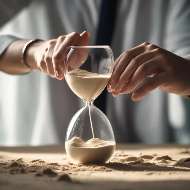 An employee holding two hands, one pouring sand from a bucket into a graduated hourglass symbolizing stock option vesting over time