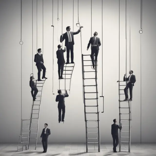 Employees ascending a ladder representing gradual vesting, reflecting the progressive ownership of employer contributions