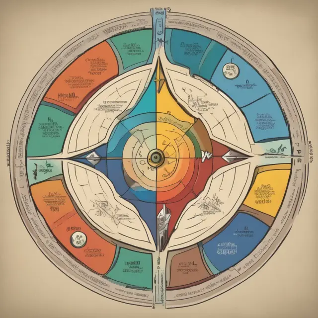 A compass with four quadrants, each representing Analytical Writing Assessment (pen), Verbal Reasoning (book), Integrated Reasoning (gears), and Quantitative Reasoning (calculator) in the GMAT exam