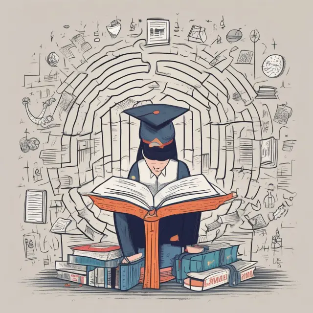 Test-taker in a maze, preparing for GMAT with books and calculator.