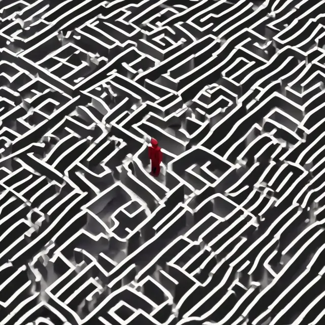 A maze filled with GMAT symbols and candidates navigating the twists and turns to reach the 800-point solution.