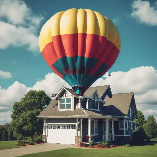 An expanding red balloon morphs into a ticking time bomb symbolizing the risks of higher costs and uncertainty in Graduated Payment Mortgages