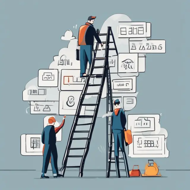 Person climbing a ladder, each step labeled with a year and mortgage payment amount, illustrating the concept of Graduated Payment Mortgage.
