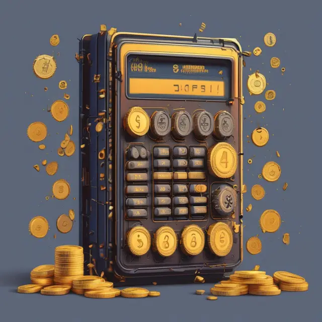 Golden coins representing EPS flowing into a calculator gearing up, revealing stacks of books as BVPS. Generating Graham numbers.