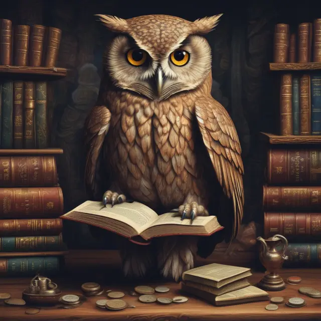 An image of a wise owl scrutinizing earnings and book value, signifying Benjamin Graham