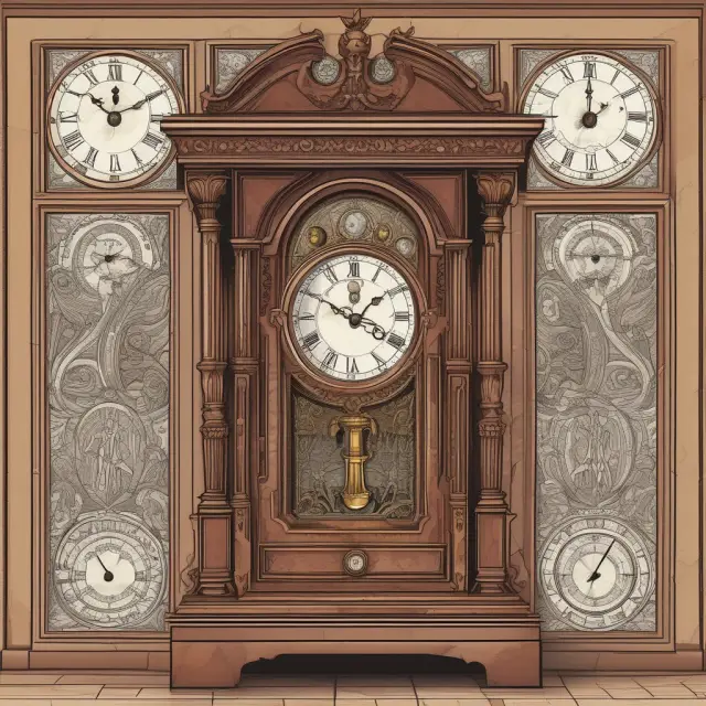 An antique grandfather clock displaying various faces representing the impact of grandfather clauses on businesses within an ever-changing market landscape
