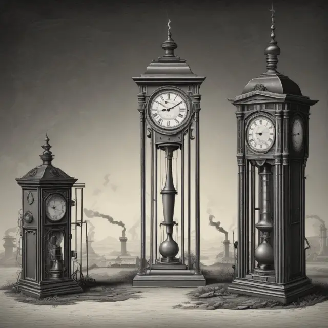 An antique grandfather clock with power plant pendulums, representing the phased transition to cleaner energy through grandfathered exemptions