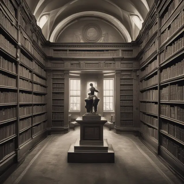 University library scene with a student on top of a grant-shaped pedestal, emphasizing the importance of federal grants in university research.
