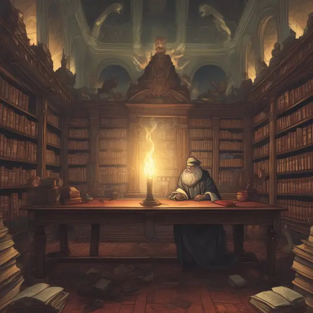 A scholar, symbolizing students, holds a torch above grant-funded books in a grand library, emphasizing academic advancement through federal grants