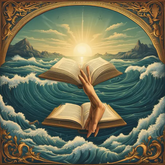 Hand reaching for a gold grant book in a sea of knowledge. Grants for education and research.