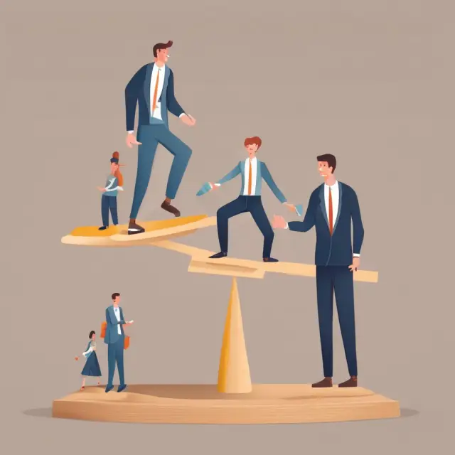 Two individuals representing employers and employees on a balance beam, with stock option grants connecting them