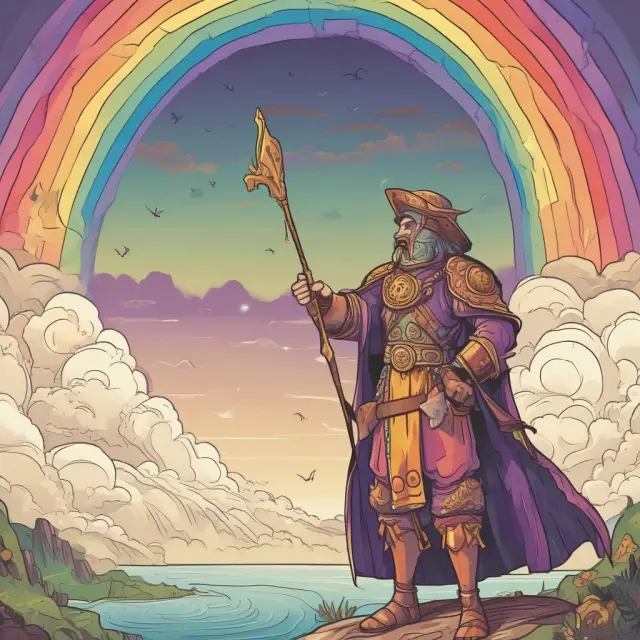 A grantee holding a shield symbolizing protection, receiving a warranty deed from a grantor beneath a rainbow arch