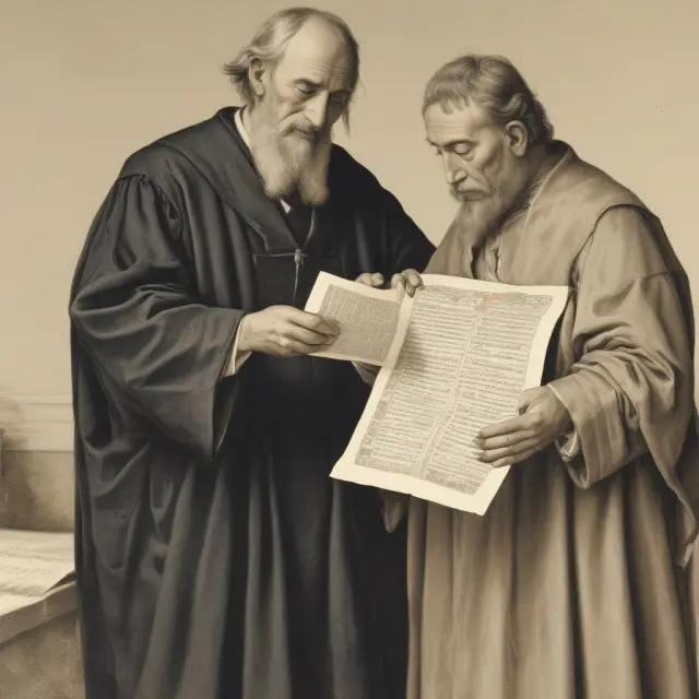 Grantor handing over a scroll to Grantee, signifying transfer of rights or assets