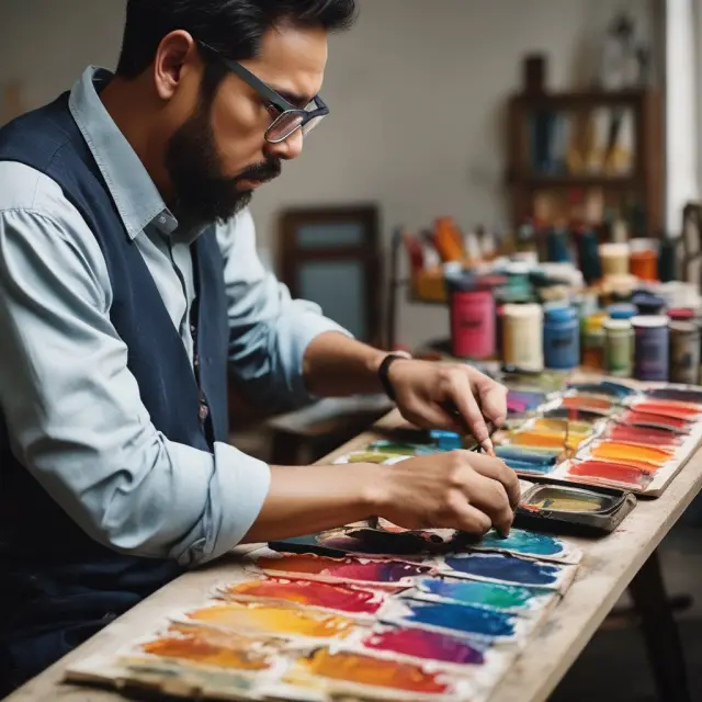 Artisan painter meticulously mixing various colors for a balanced and diverse palette, representing asset allocation strategies in a granular portfolio
