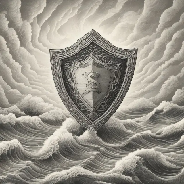 A tranquil scene of bond and cash waves forming a protective shield around a diversified granular portfolio