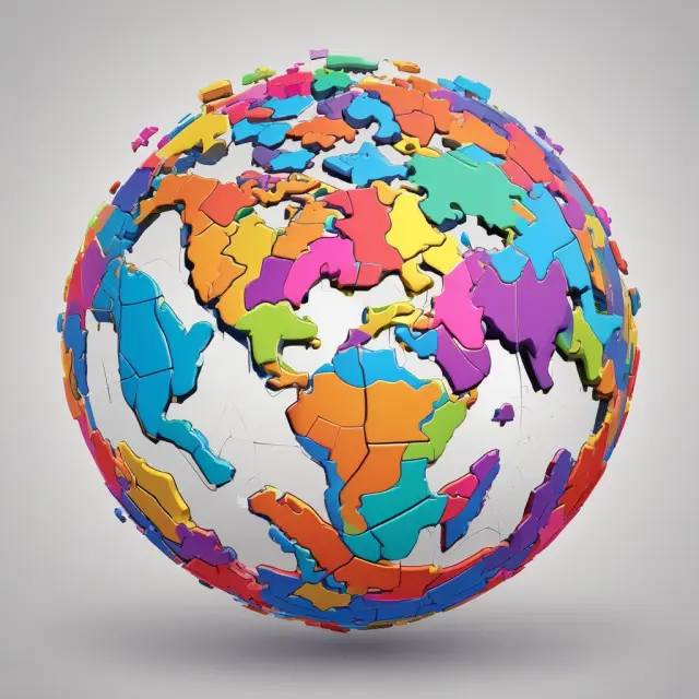 A vibrant, interconnected globe with puzzle pieces illustrating various international markets and currencies, emphasizing geographic diversification