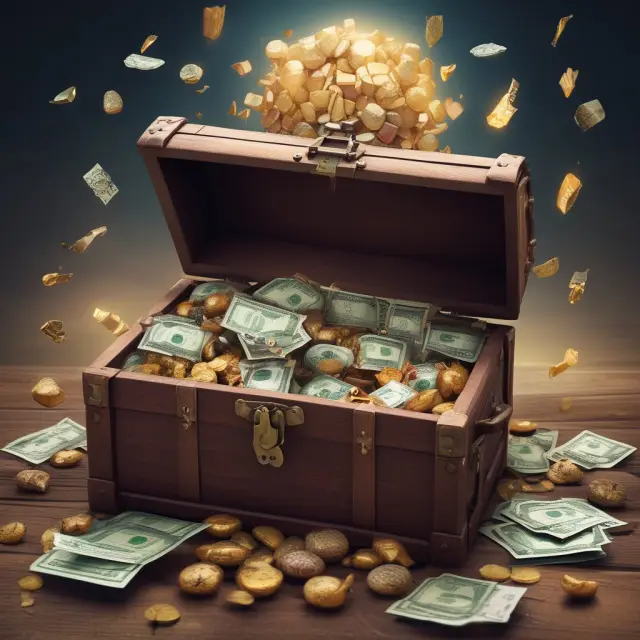 A treasure chest brimming with gold coins and precious gems symbolizing a granular portfolio diversified through alternative investments: commodities, real estate, and derivatives.