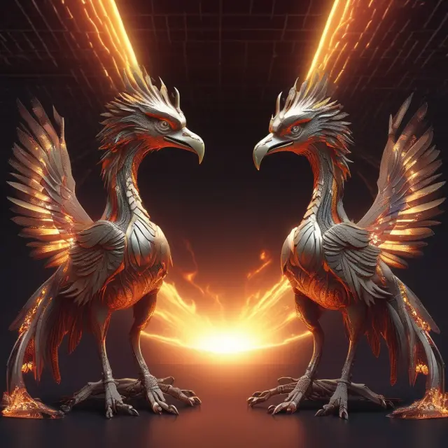 Two mythical birds symbolizing AMD and Nvidia rise in the GPU market, depicting industry innovation
