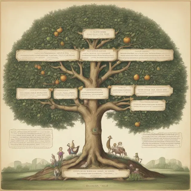 An ornate family tree with golden apples representing wealth is shared among a diverse group of branches. The trunk grows into a grantor retained annuity trust (GRAT), nurturing future generations.