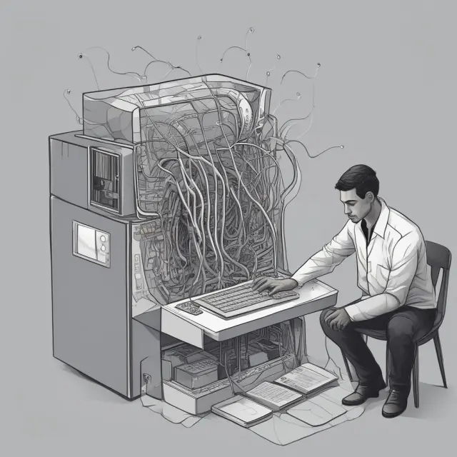 A gray box tester examines a digital brain, surrounded by inputs, outputs, and test cases.