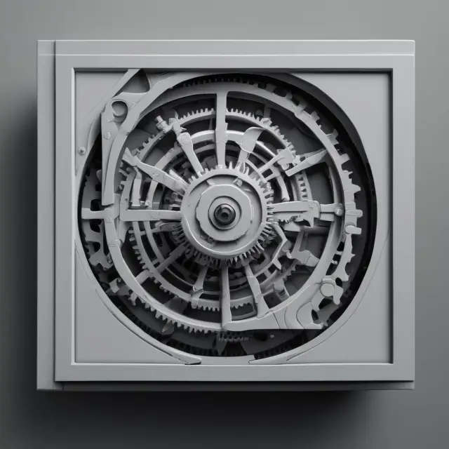 A meticulously crafted clock mechanism with gears representing matrix testing, regression testing, orthogonal array testing, and pattern testing, ensuring software stability and accuracy.