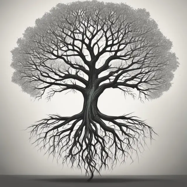 Transparent tree representing GRC integrating governance, risk management, and compliance through interconnected roots