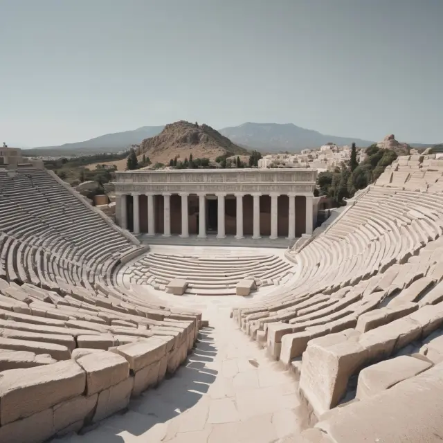 An ancient Greek amphitheater with three muses on stage representing the Verbal Reasoning, Quantitative Reasoning, and Analytical Writing sections of the GRE exam.