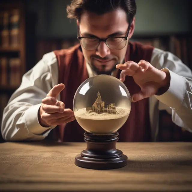 Scholar examining crystal ball displaying GRE scoring system with shifting sands representing raw scores and conversion to scaled scores
