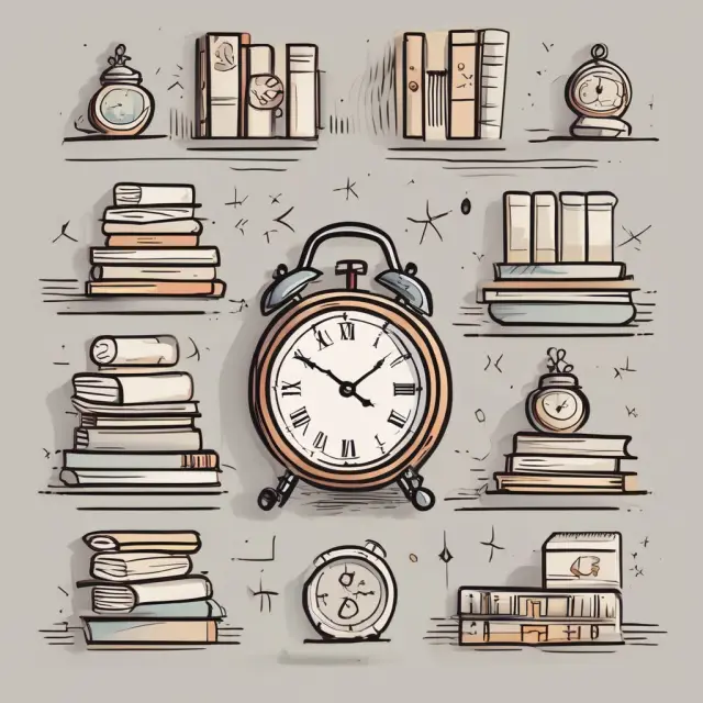 A clock with a book pile nearby during countdown, illustrating preparation for the GRE Test Day