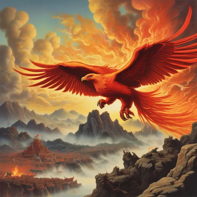 Mao Zedong depicted as a mythical phoenix amidst flames of change, symbolizing the start of China