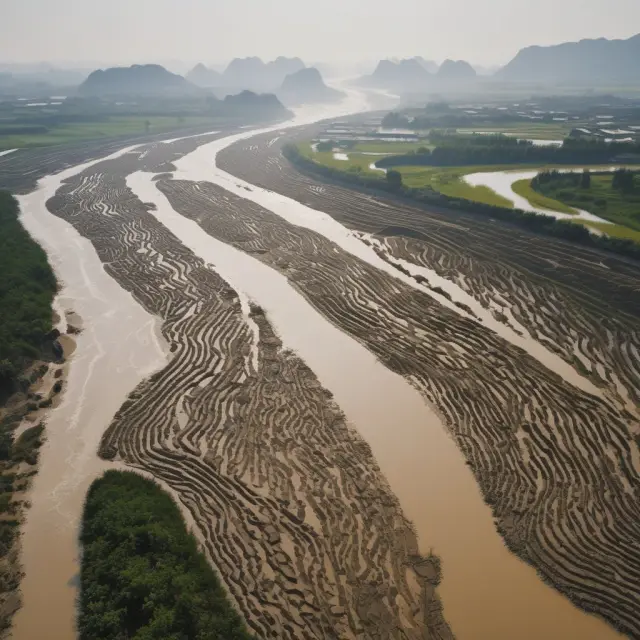 An image of a river filled with misaligned grain baskets, representing the agricultural devastation caused by China