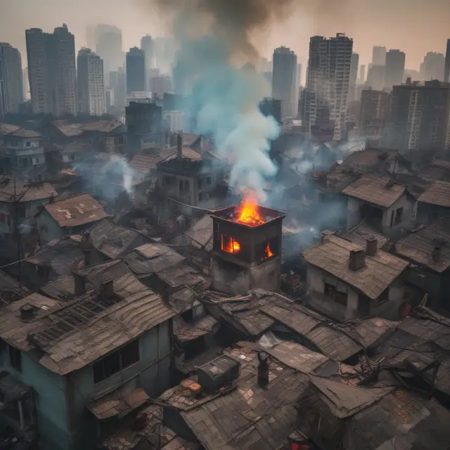 A chaotic scene of backyard furnaces producing low-quality iron in a smoky urban area, representing the unproductive industrialization push during China