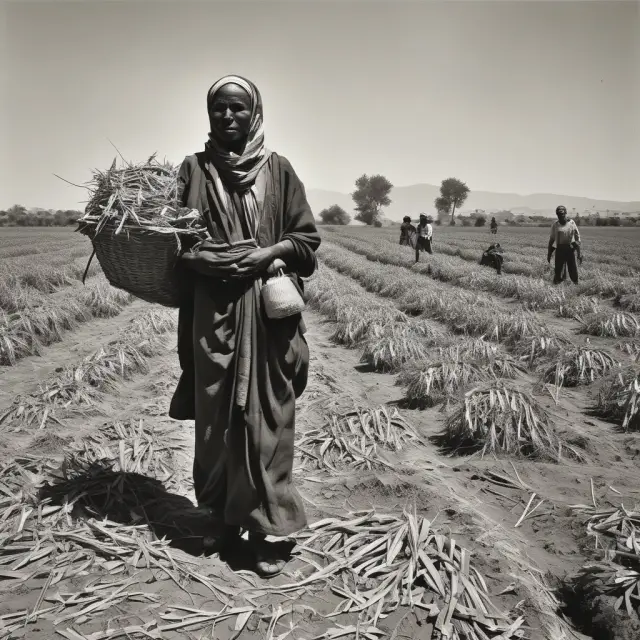 Empty baskets symbolize food scarcity during the Great Leap Forward. Starving fields and crowded cities illustrate the consequences of falsified harvest figures and grain exports.